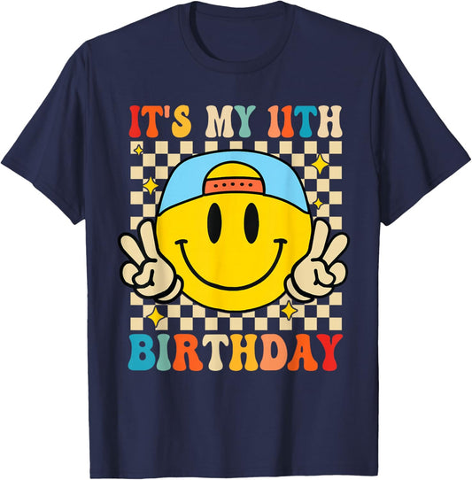 Its My 11th Birthday Smile face 11 Years Old Boys Girls T-Shirt - T-Shirt | Navy