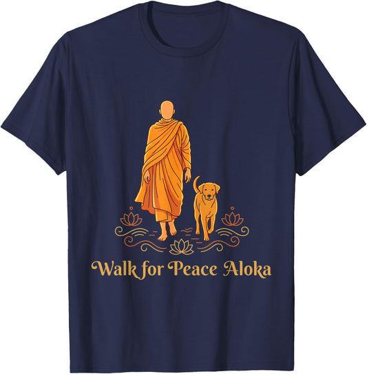 Walk for Peace Monks with Aloka Dog Monks Minimalist Zen T-Shirt - T-Shirt | Navy