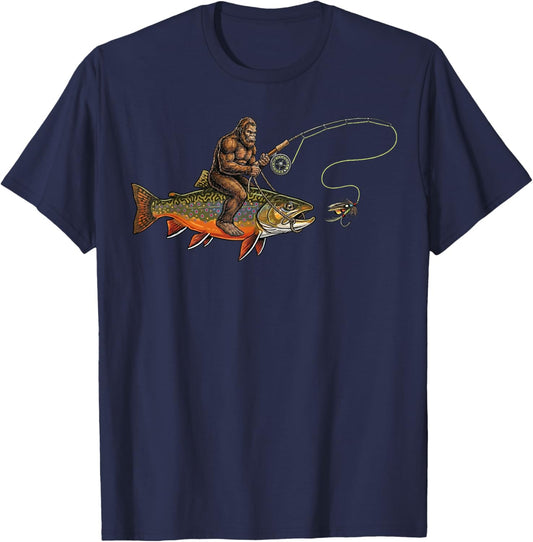 Brook Trout Fishing Bigfoot Riding Fisherman Funny Angler T-Shirt - T-Shirt | Navy
