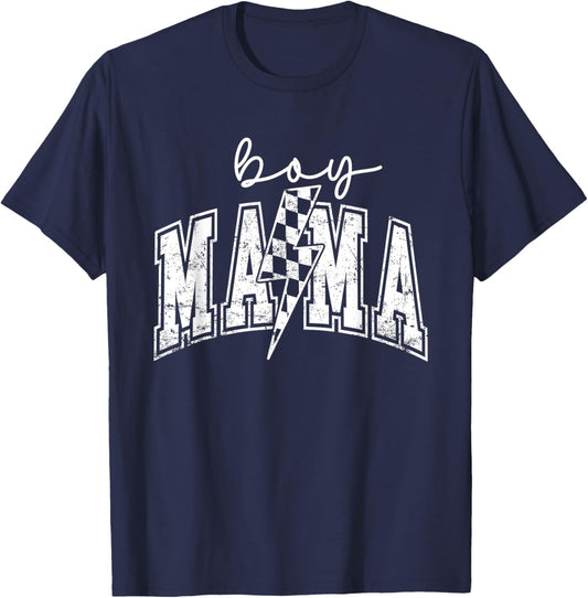 Boy Mama Lightning Bolt Checkered Mother's Day T-Shirt - T-Shirt | Navy