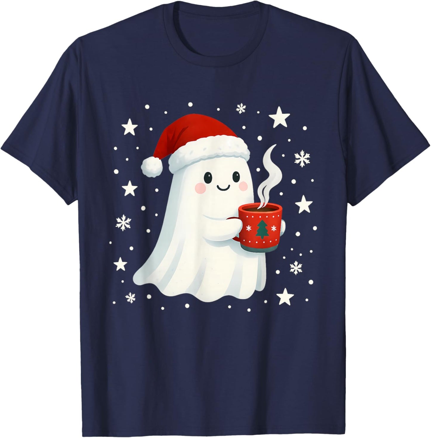 Cute Christmas Ghost with Hot Cocoa Santa Hat Winter Holiday T-Shirt - T-Shirt | Navy