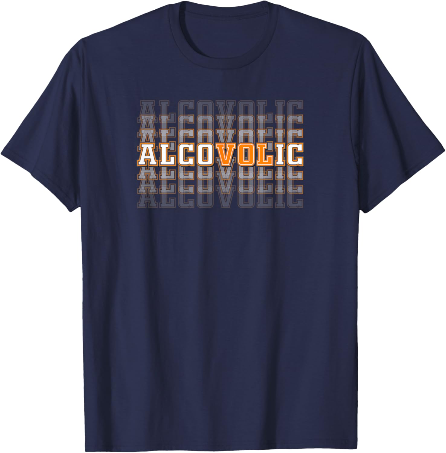 Alcovolic Orange & White Retro Varsity Drinking Pun T-Shirt - T-Shirt | Navy