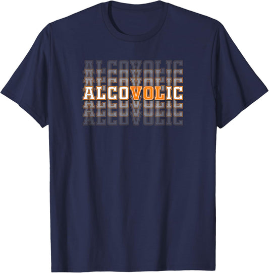 Alcovolic Orange & White Retro Varsity Drinking Pun T-Shirt - T-Shirt | Navy