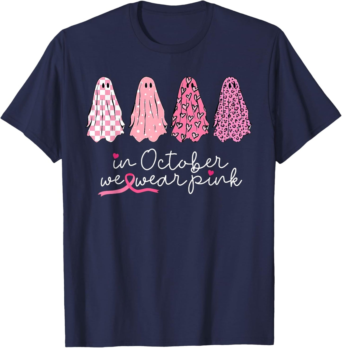 in October We Wear Pink Ghosts Halloween Breast Cancer T-Shirt - T-Shirt | Navy