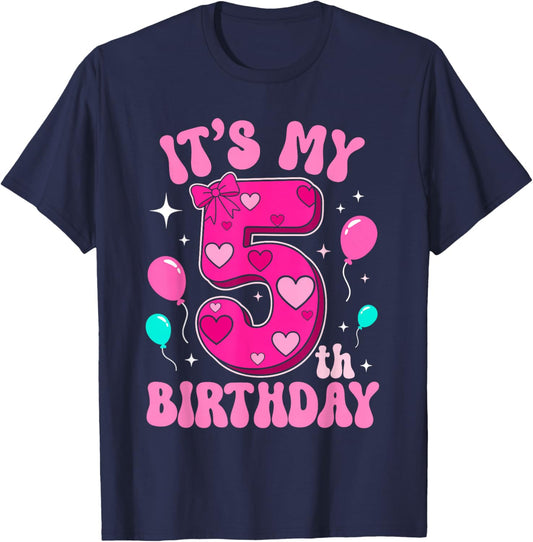 5 Year Old Pink Coquette Bow It's My 5th Birthday Girl T-Shirt - T-Shirt | Navy