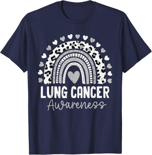 Lung Cancer Awareness Rainbow White Ribbon Support T-Shirt - T-Shirt | Navy
