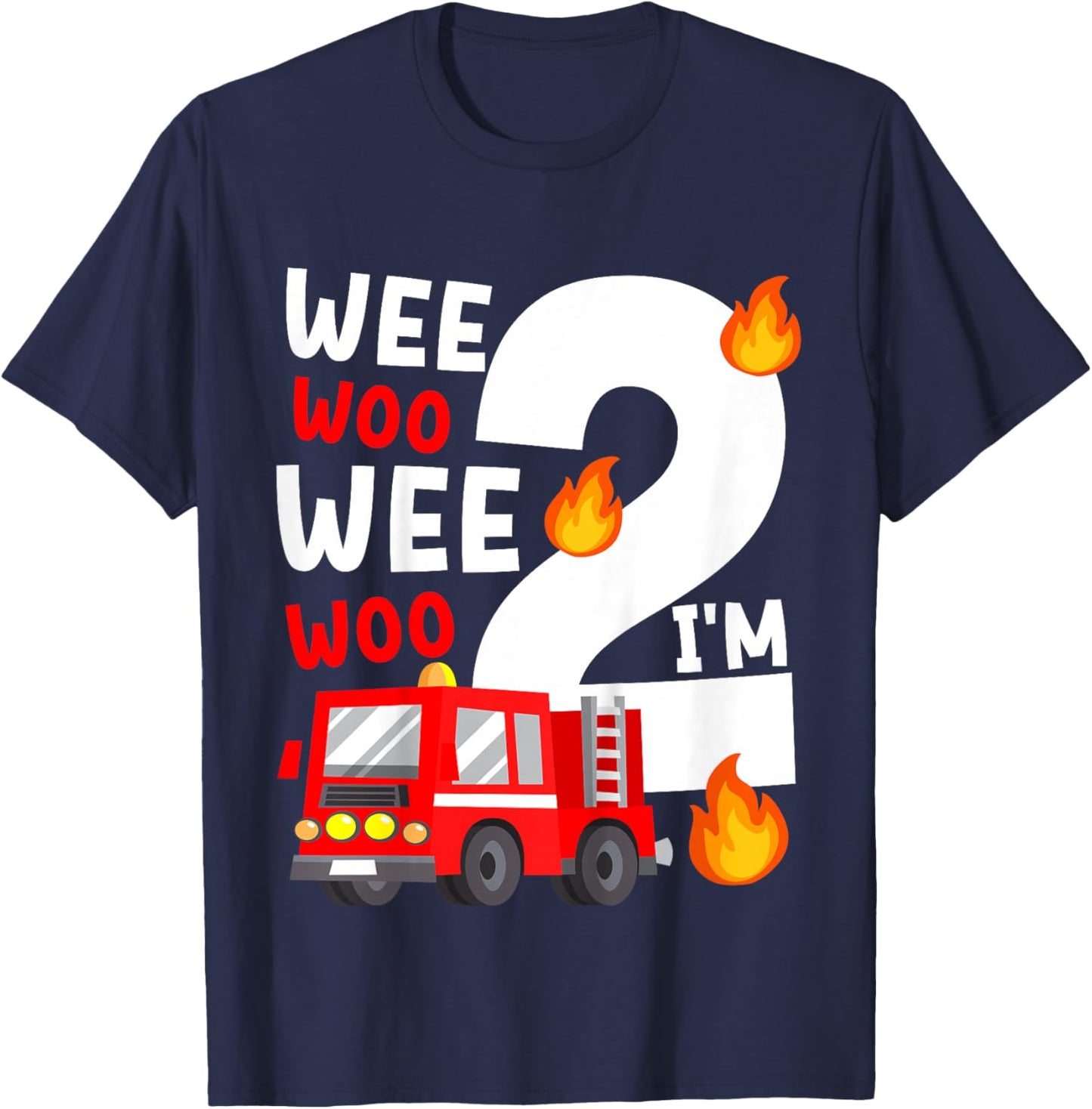 Boys Birthday Wee Woo Wee Woo I'm 2 Red Fire Truck T-Shirt - T-Shirt | Navy