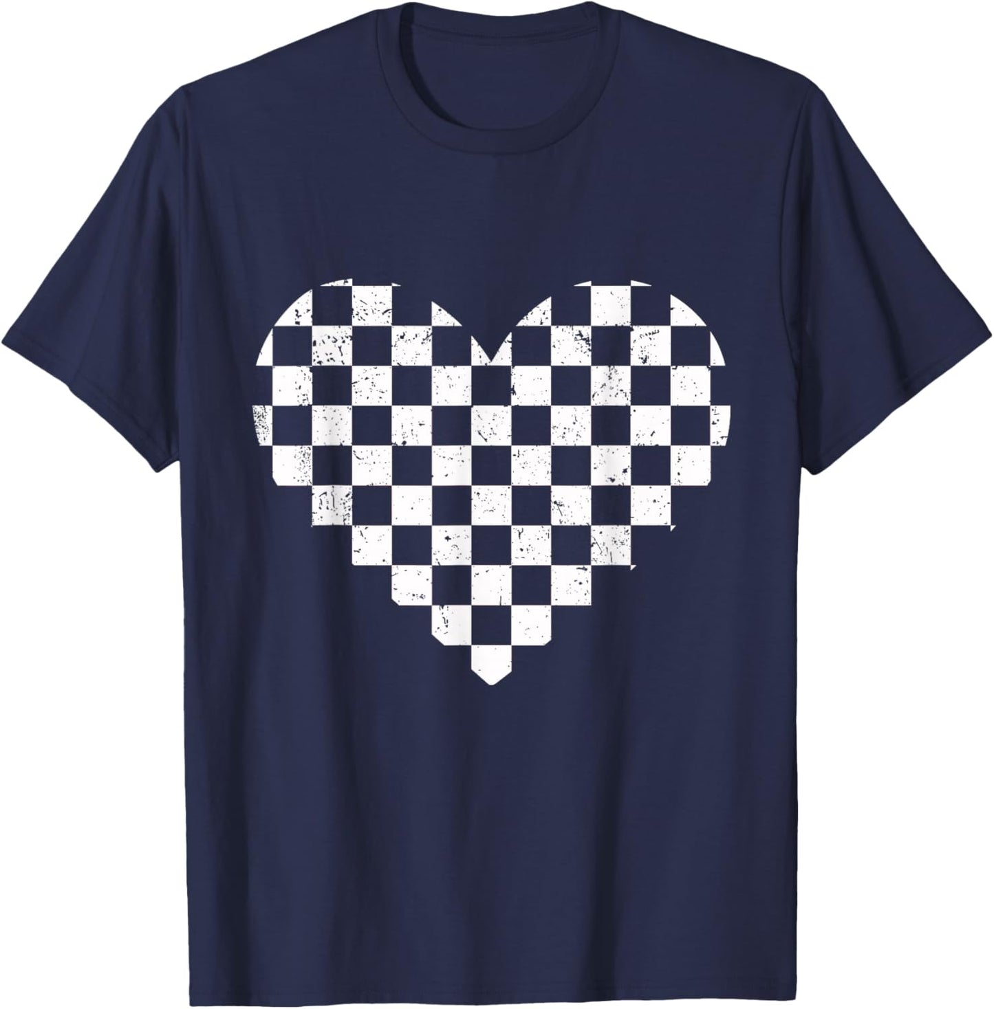 Girls Valentines Heart Silhouette Checkerboard Retro T-Shirt - T-Shirt | Navy