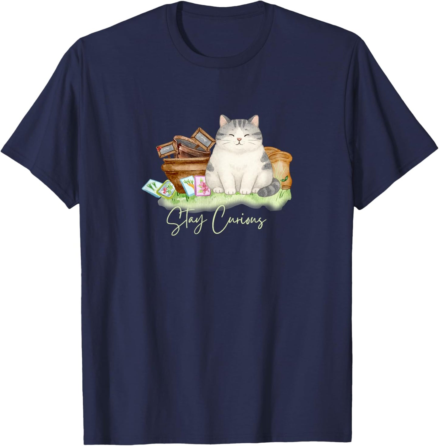 Stay Curious Cat – Whimsical Garden Art T-Shirt - T-Shirt | Navy