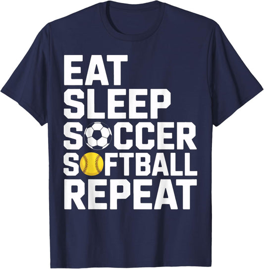 Athlete Eat Sleep Soccer Repeat Softball Enthusiast T-Shirt - T-Shirt | Navy