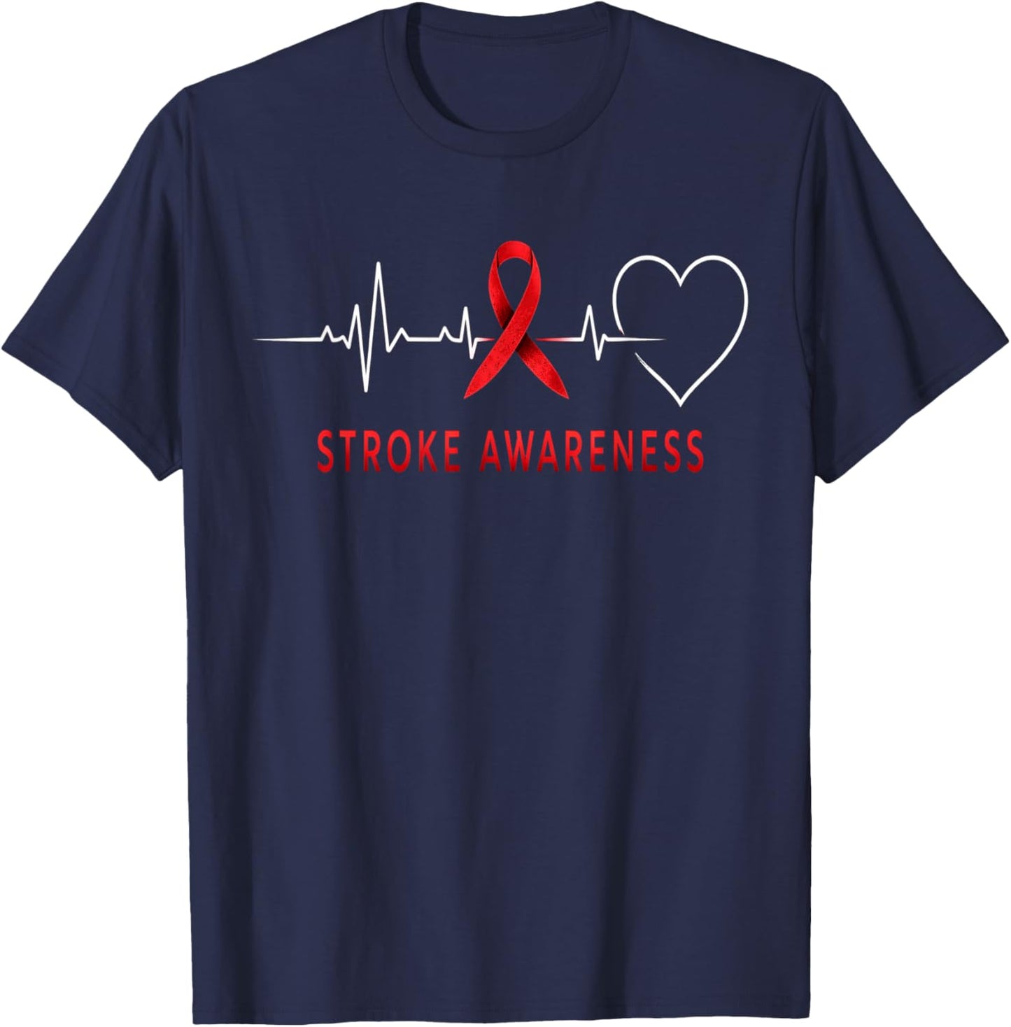 Red Ribbon Heart ECG Medical Stroke Awareness Heartbeat T-Shirt - T-Shirt | Navy