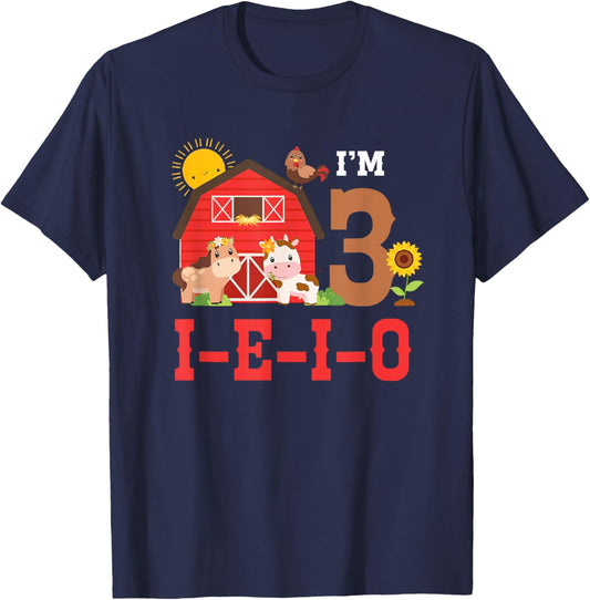 I'm Three I-E-I-O 3 Years Farm Animal It's My 3rd Birthday T-Shirt - T-Shirt | Navy