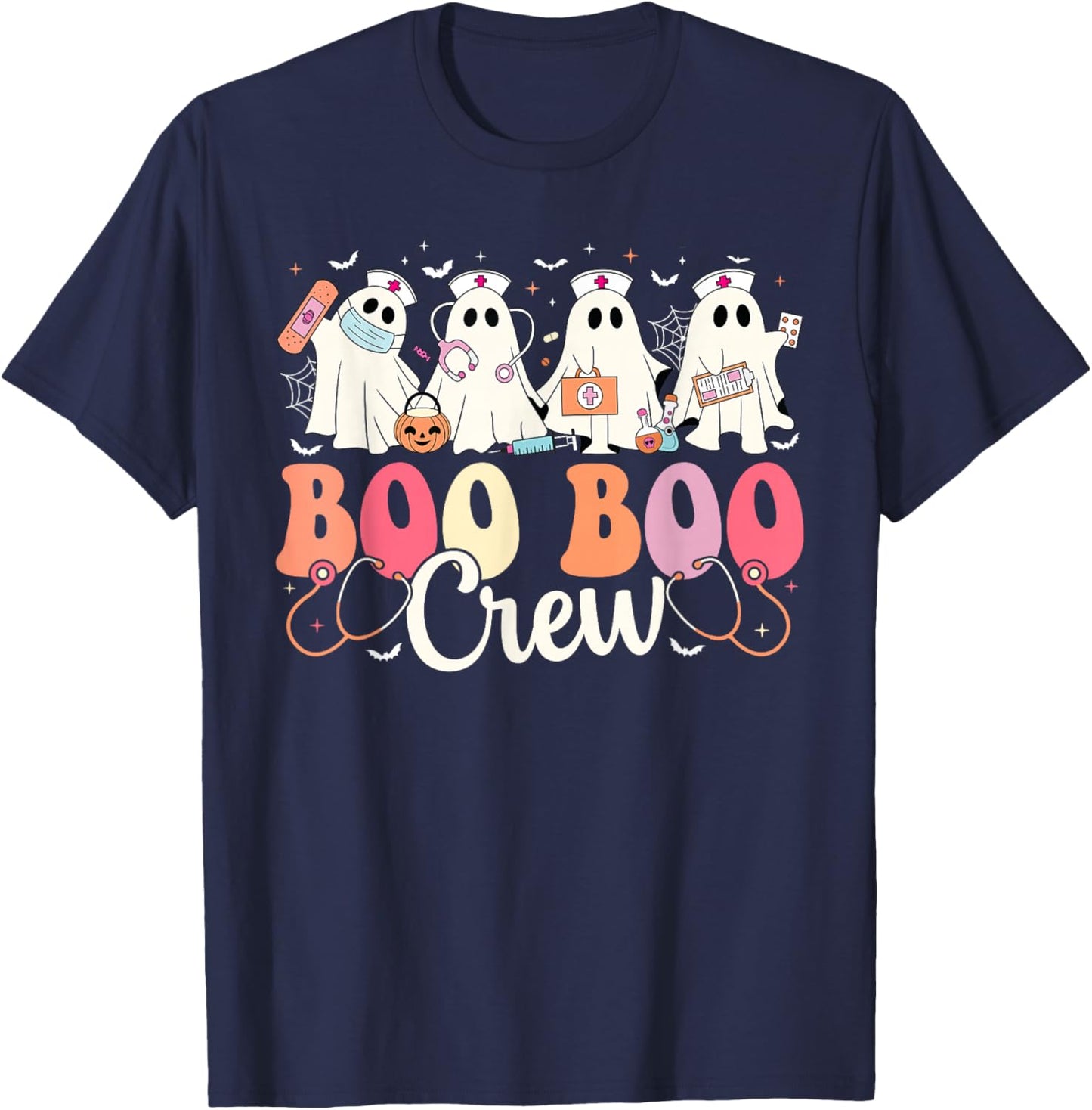 Boo Boo Crew Nurse Ghost Scrub Top Women Halloween Nursing T-Shirt - T-Shirt | Navy
