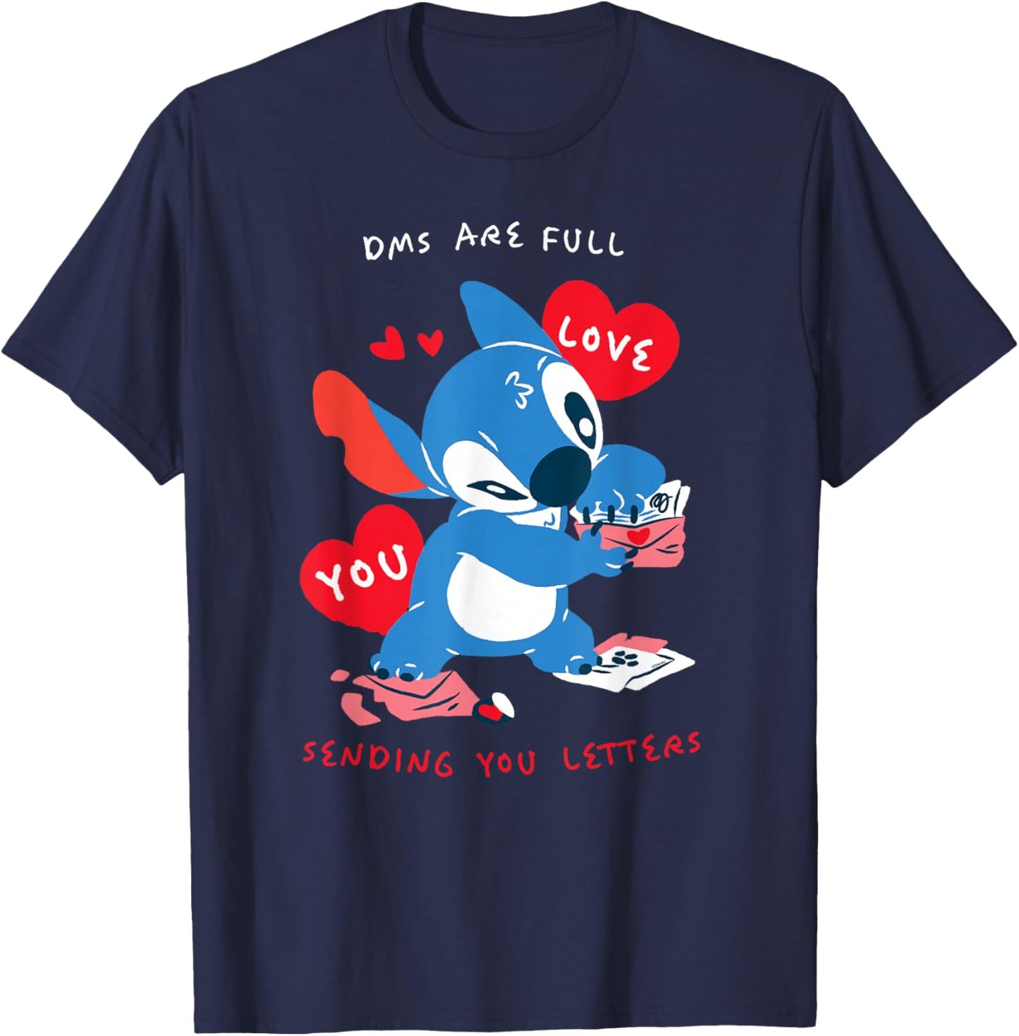 Disney Stitch Valentine's Day DMS Full, Sending You Letters T-Shirt - T-Shirt | Navy
