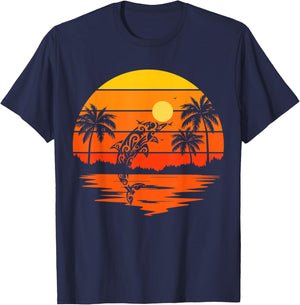 Dolphin Retro Sunset Tropical Beach Vibes Islands Hawaii T-Shirt - T-Shirt | Navy