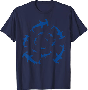 Shark Lover Silhouette of Hammerhead Circling Above Ocean T-Shirt - T-Shirt | Navy