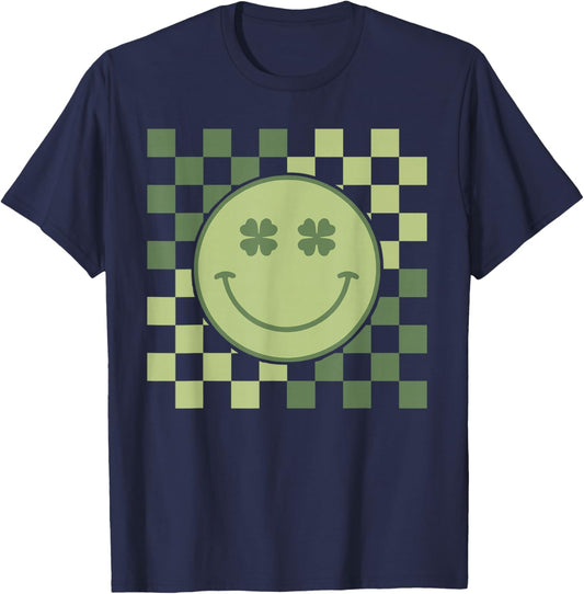 Groovy Shamrock Smile Face St Patricks Day Men Kids Funny T-Shirt - T-Shirt | Navy