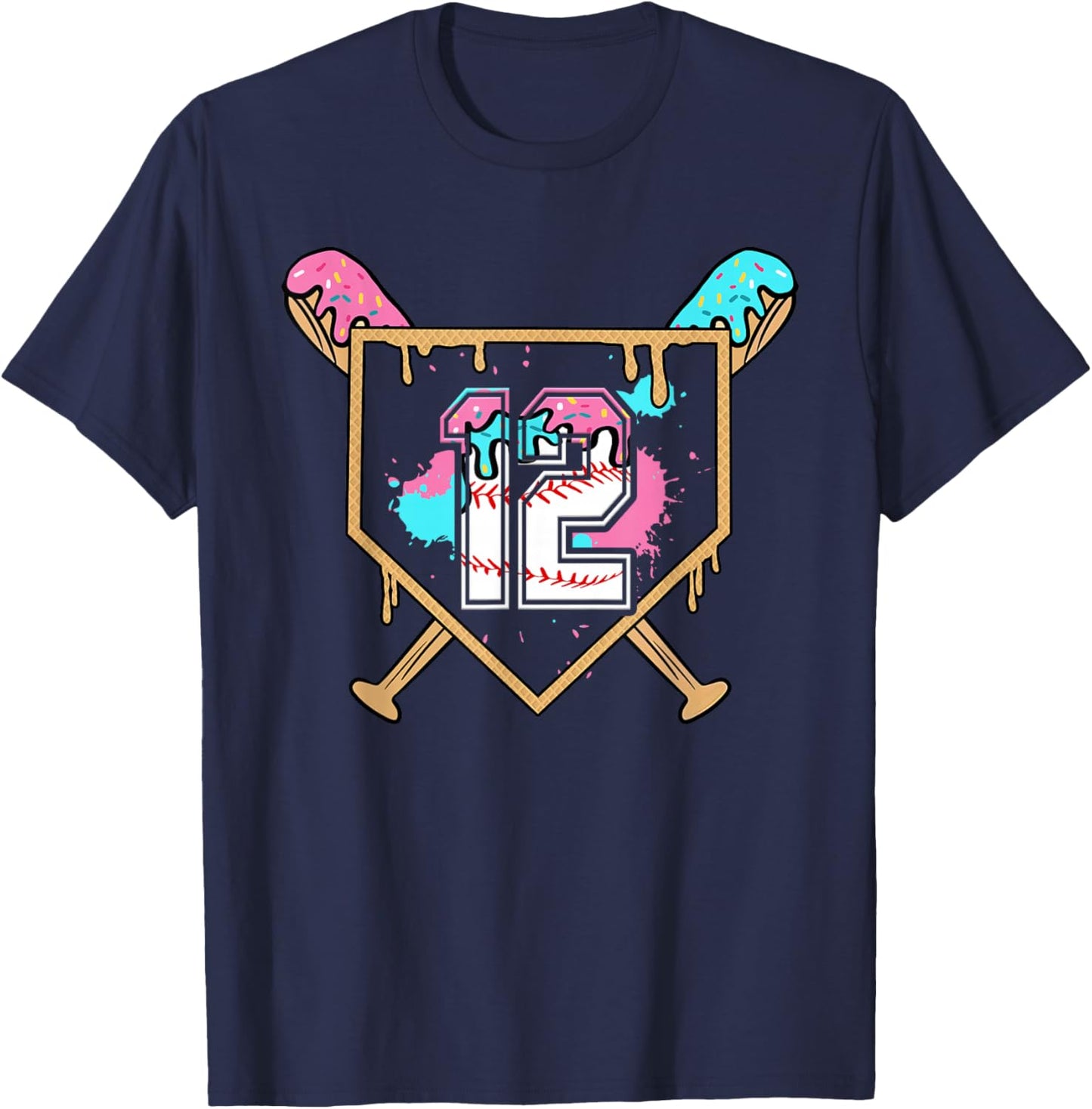 12th Birthday Baseball Bat Ice-Cream Drip 12yrs Old Boy Kid T-Shirt - T-Shirt | Navy