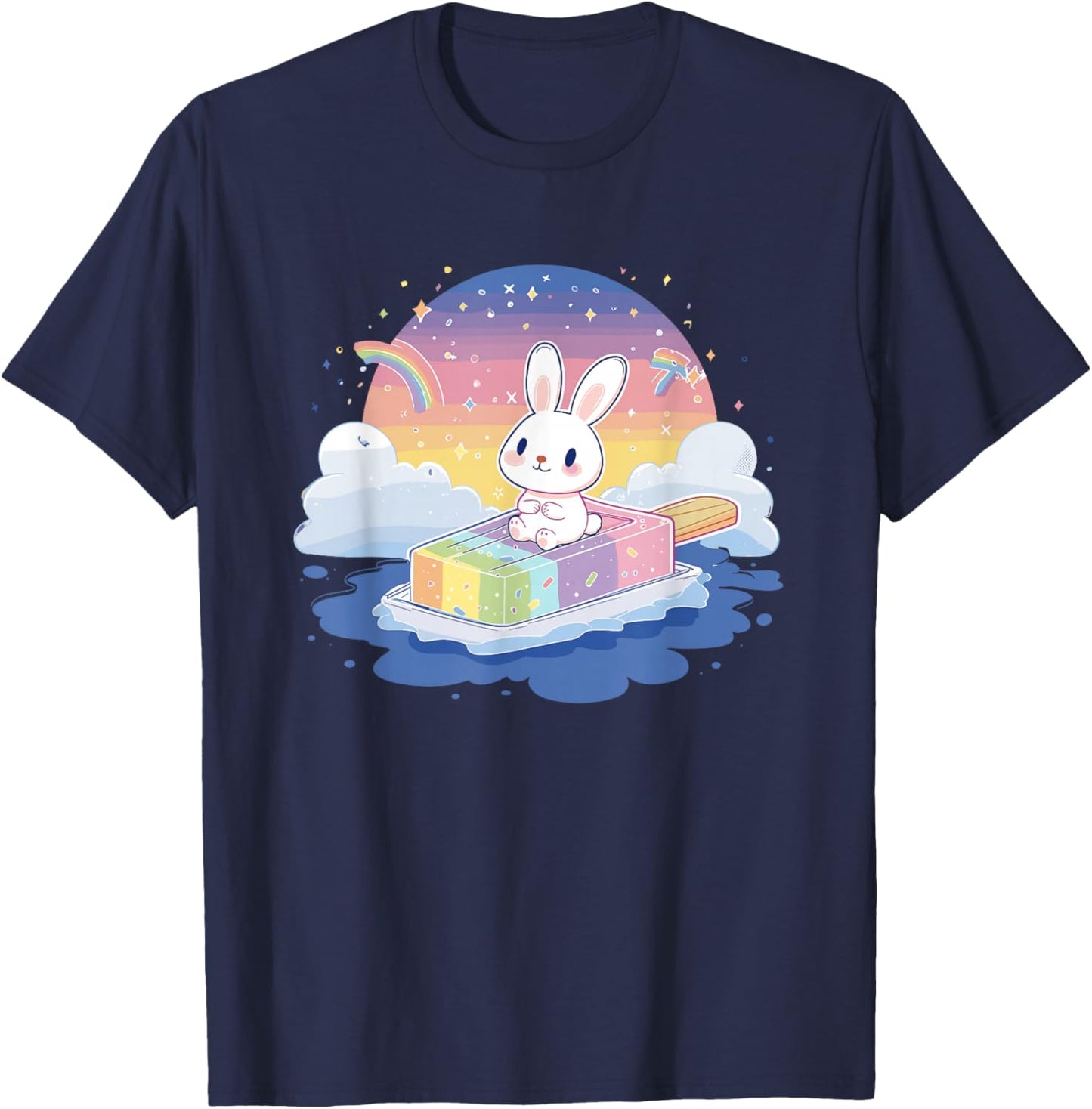 Cute Bunny On Rainbow Popsicle T-Shirt - T-Shirt | Navy