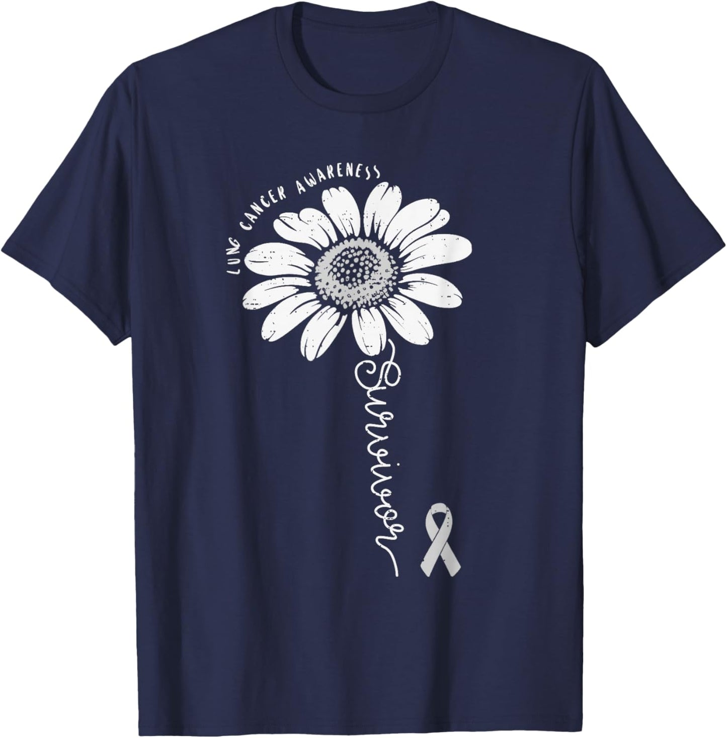 Lung Cancer Awareness Survivor Flower White Ribbon Support T-Shirt - T-Shirt | Navy