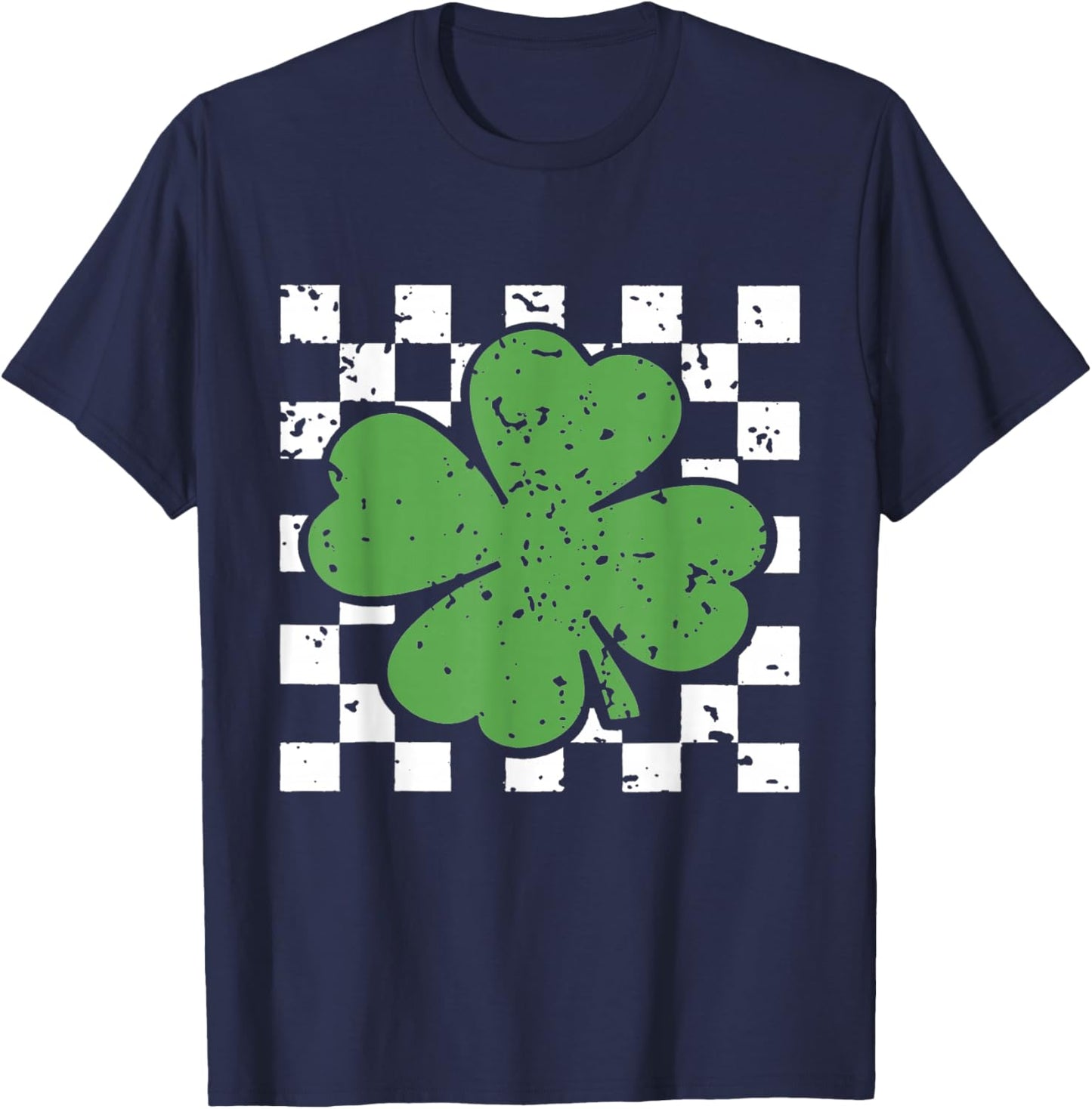Vintage Four Leaf Clover Checkered Pattern Green T-Shirt - T-Shirt | Navy