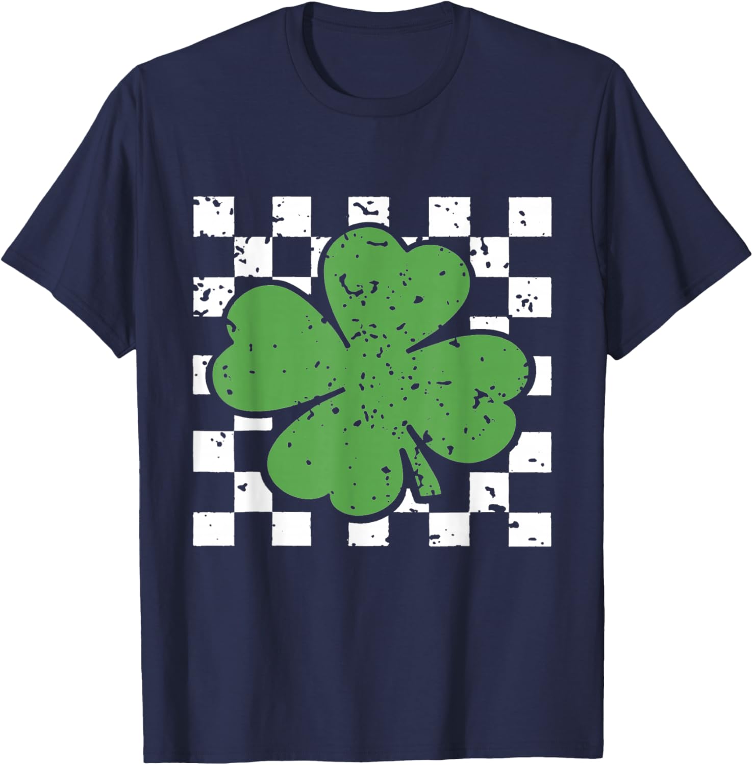 Vintage Four Leaf Clover Checkered Pattern Green T-Shirt - T-Shirt | Navy