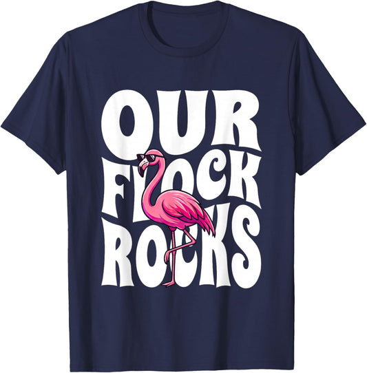 Our Flock Rocks Pink Bird Flamingo Family Matching Vacation T-Shirt - T-Shirt | Navy