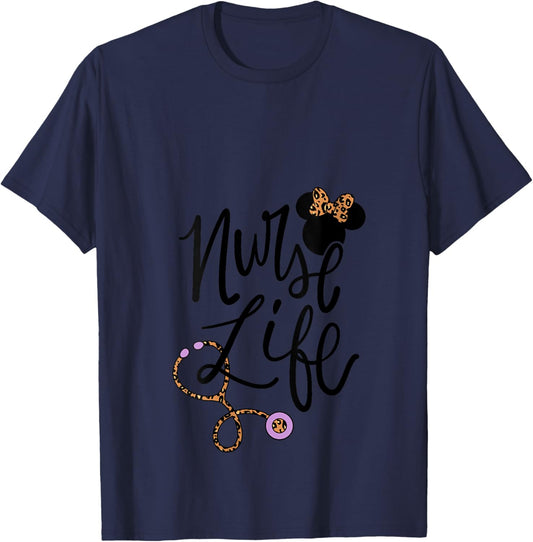 Women's Disney Minnie Mouse Nurse Life Print Pattern Bow Stethoscope V-Neck T-Shirt - T-Shirt | Navy