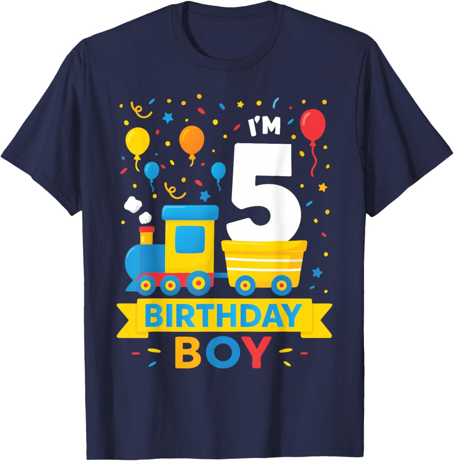 Five 5yr 5th Kids Boys Girls Train Birthday Boy 5 Years Old T-Shirt - T-Shirt | Navy