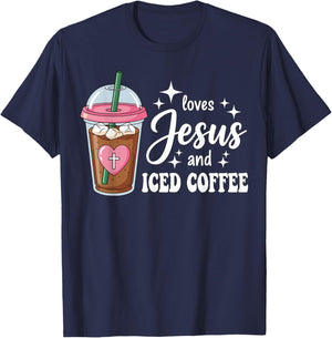 Cute Jesus and Iced Coffee Lover Christian Women T-Shirt - T-Shirt | Navy