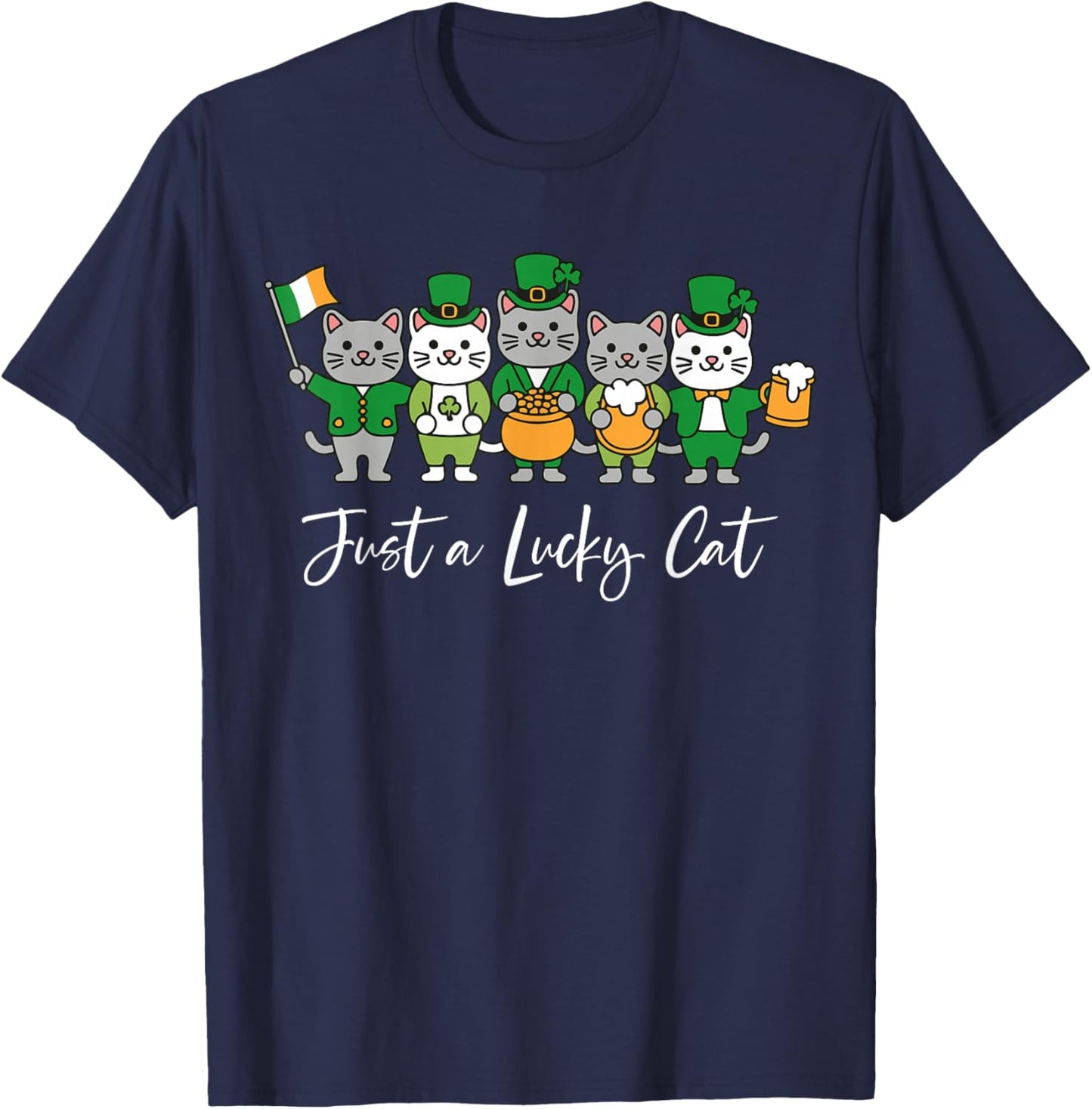 Funny Just A Lucky Cat St Patrick's Day Cute Kitten Shamrock T-Shirt - T-Shirt | Navy