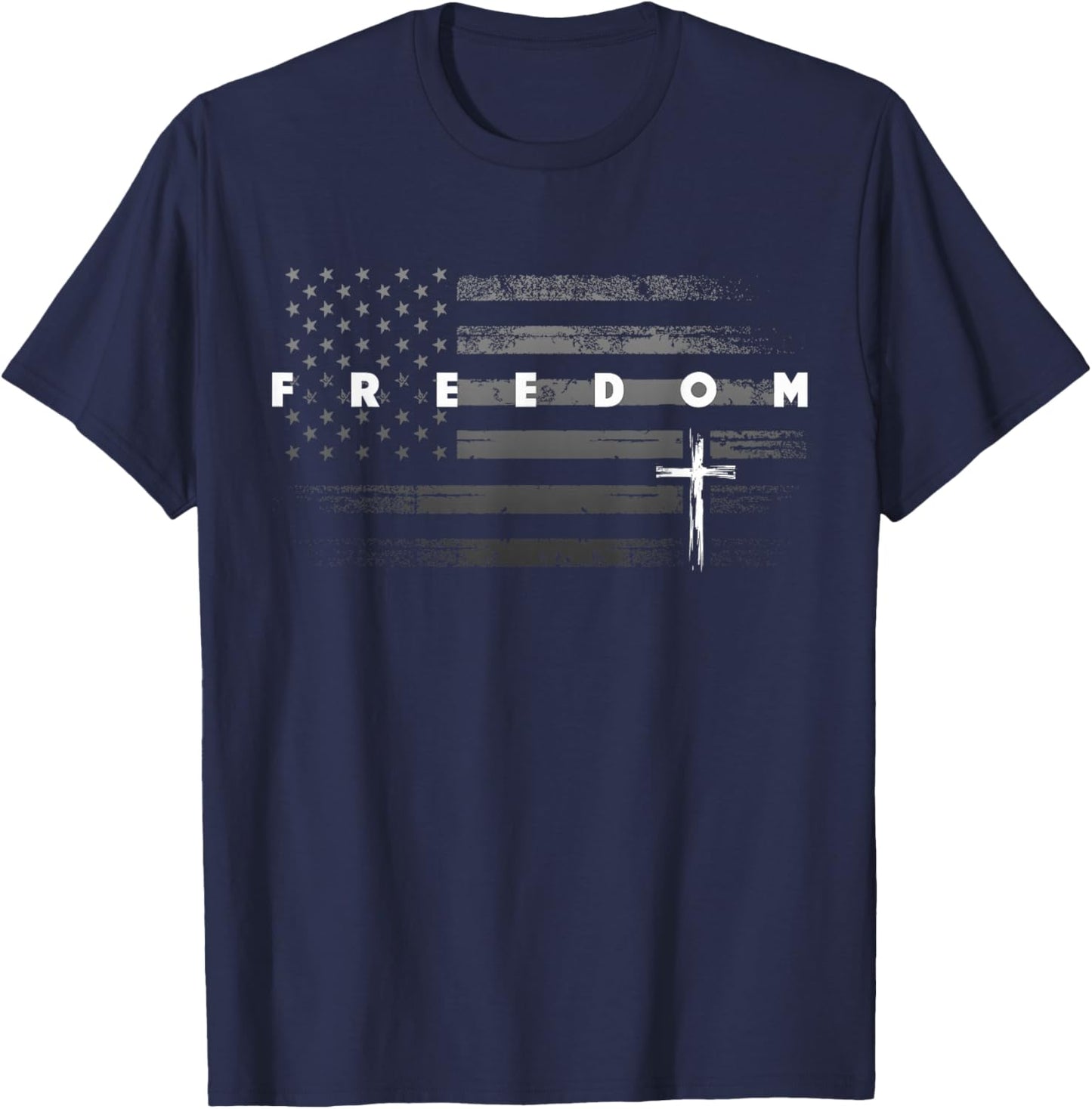 Grunge American Flag and Cross Faith Family Freedom T-Shirt - T-Shirt | Navy