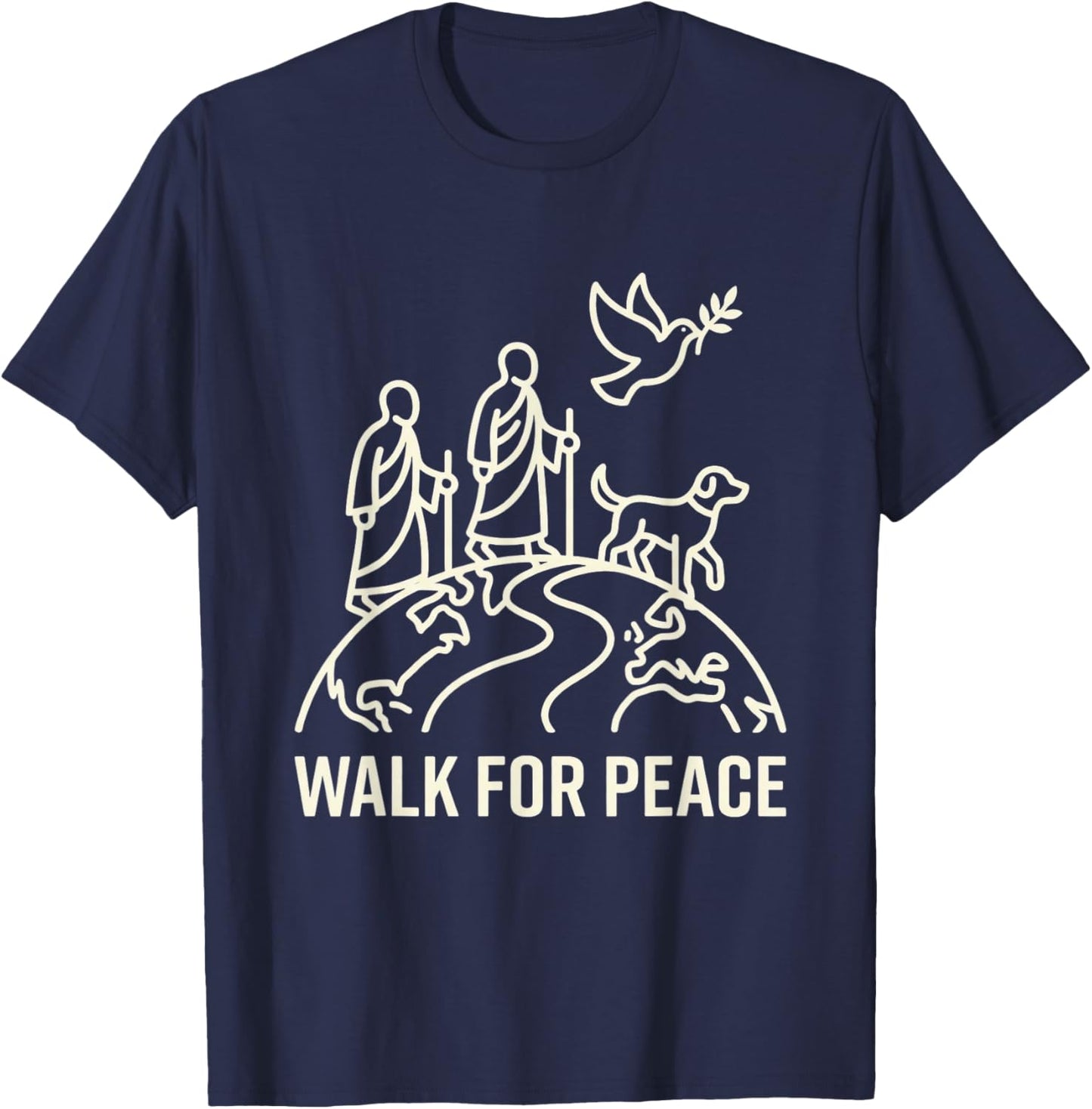 Walk for Peace Aloka Monks with Dog and Dove Line Art T-Shirt - T-Shirt | Navy