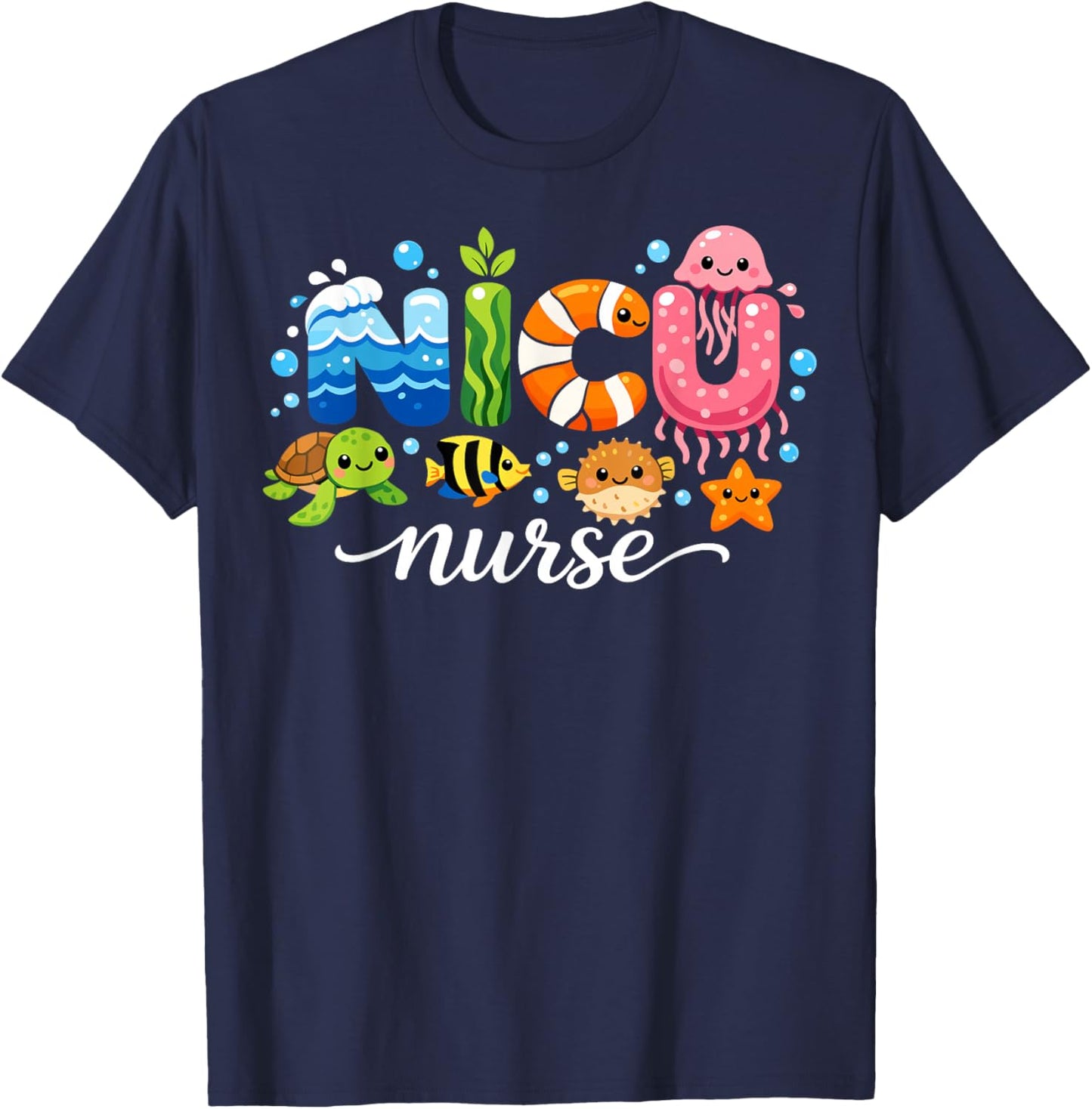 Neonatal Care Unit Cute Ocean Animals NICU Nurse T-Shirt - T-Shirt | Navy