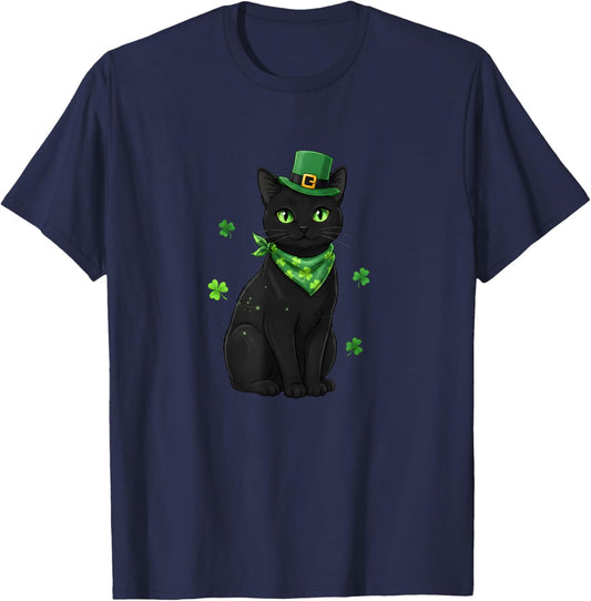 Shamrock Cat Black St Patricks Day Irish Cat Lovers T-Shirt - T-Shirt | Navy