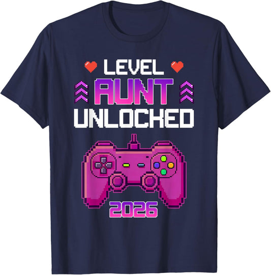 Funny Aunt 2026 Level Unlocked Pregnancy Announcement Auntie T-Shirt - T-Shirt | Navy