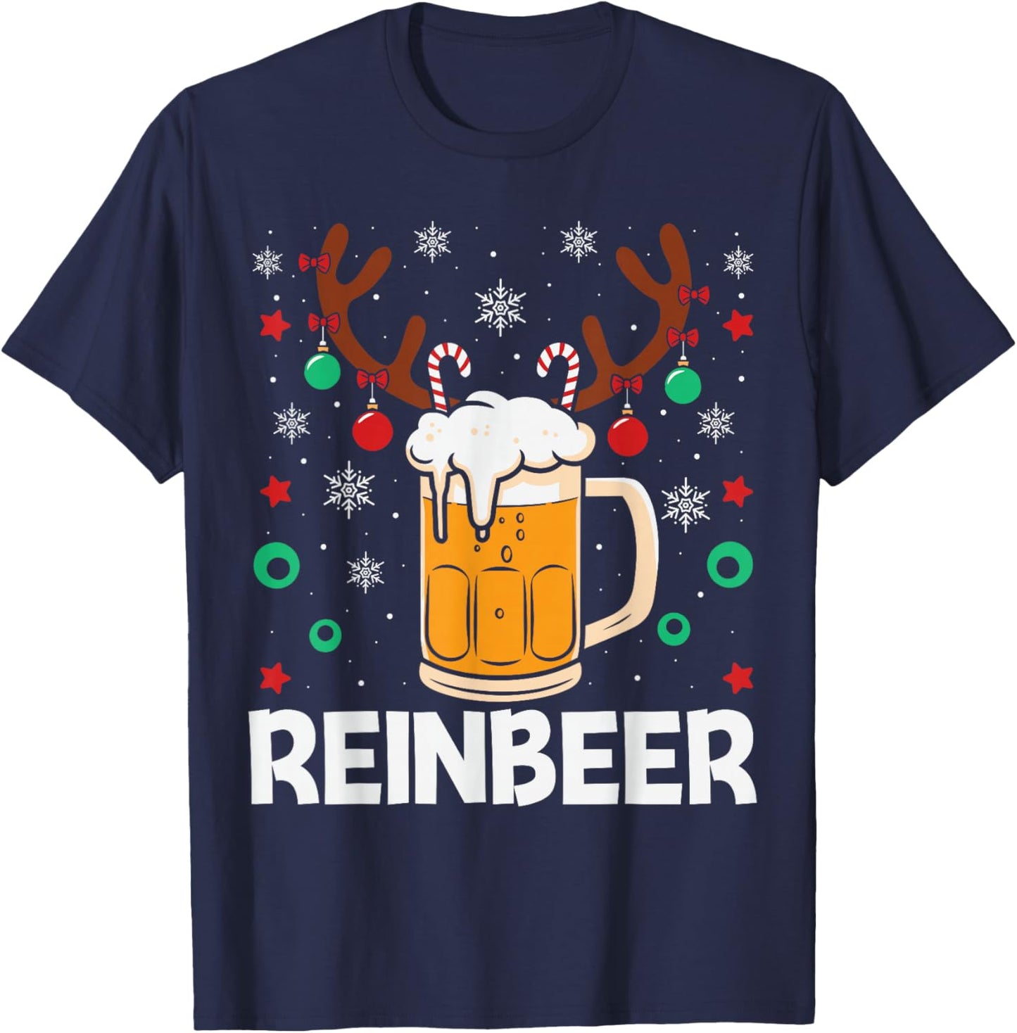 Funny Reinbeer WineDeer Beer Wine Matching Couples Christmas T-Shirt - T-Shirt | Navy