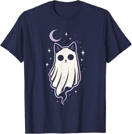 Cat Kitty Ghost Creepy Cute Kawaii Pastel Goth Purple Moon T-Shirt - T-Shirt | Navy