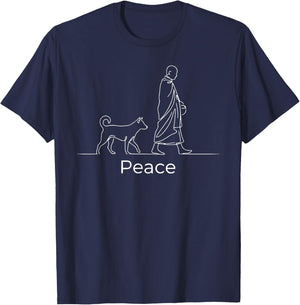 Peace Minimalist Zen Art Walk for Peace Monks with Aloka Dog T-Shirt - T-Shirt | Navy