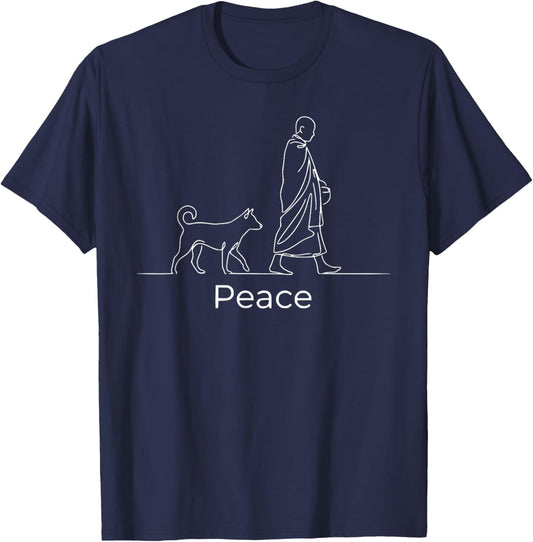 Peace Minimalist Zen Art Walk for Peace Monks with Aloka Dog T-Shirt - T-Shirt | Navy