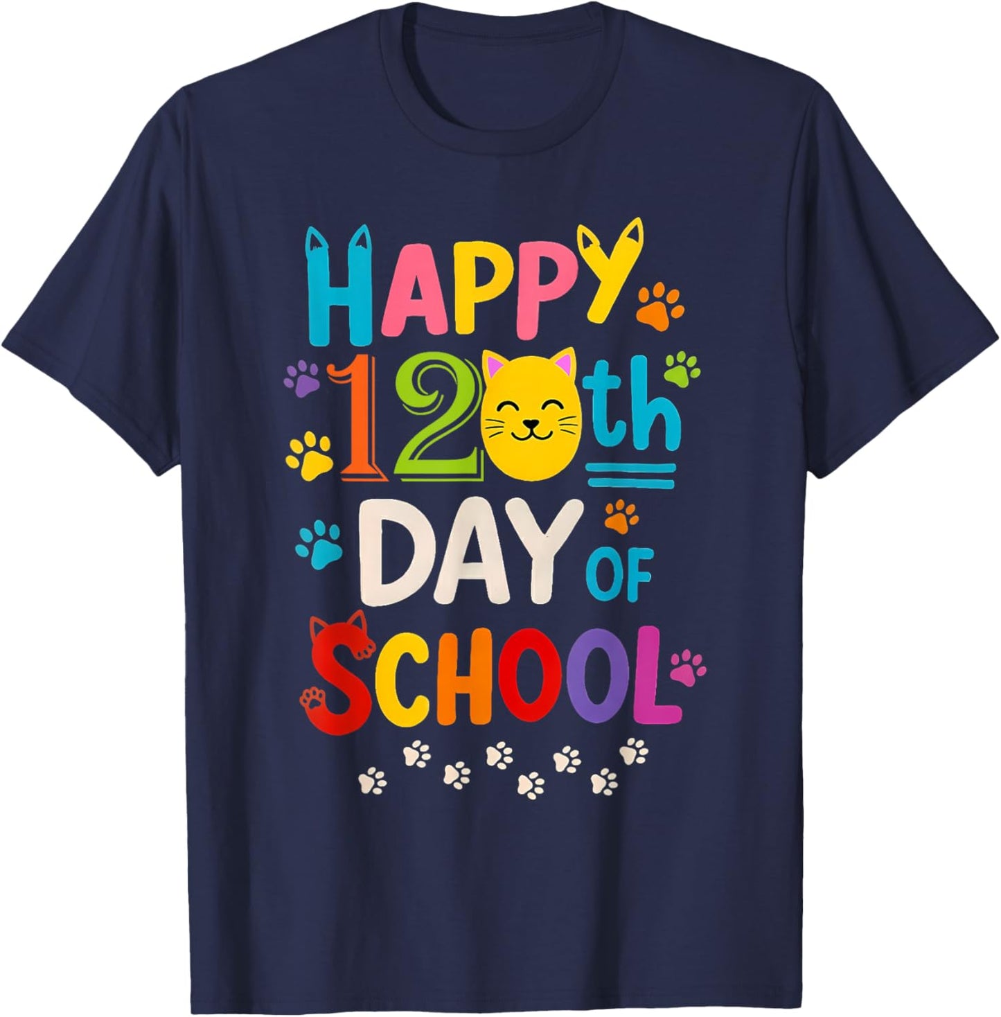 120th Day of School 120 Days of Pawsome Cat Paws Boys Girls T-Shirt - T-Shirt | Navy