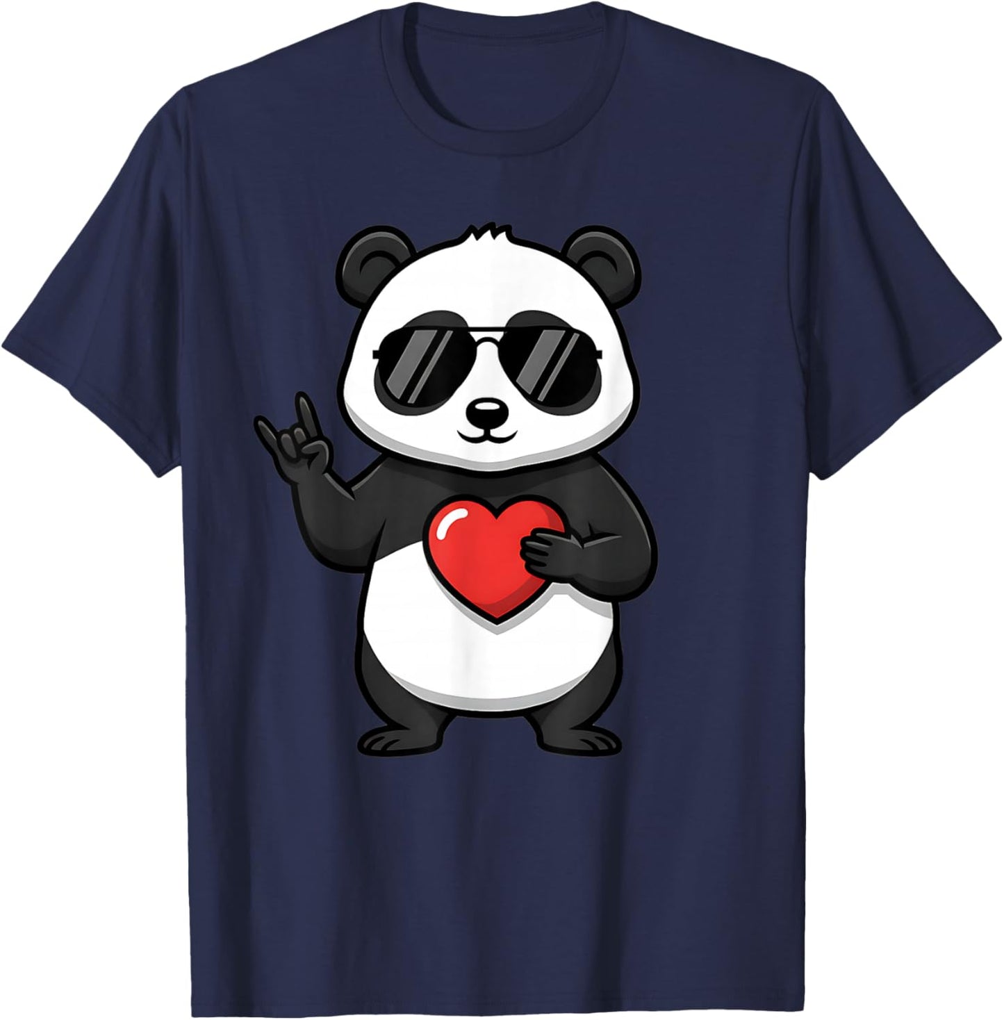 Valentines Day Cute Panda Heart Rock Hand Music Kids T-Shirt - T-Shirt | Navy