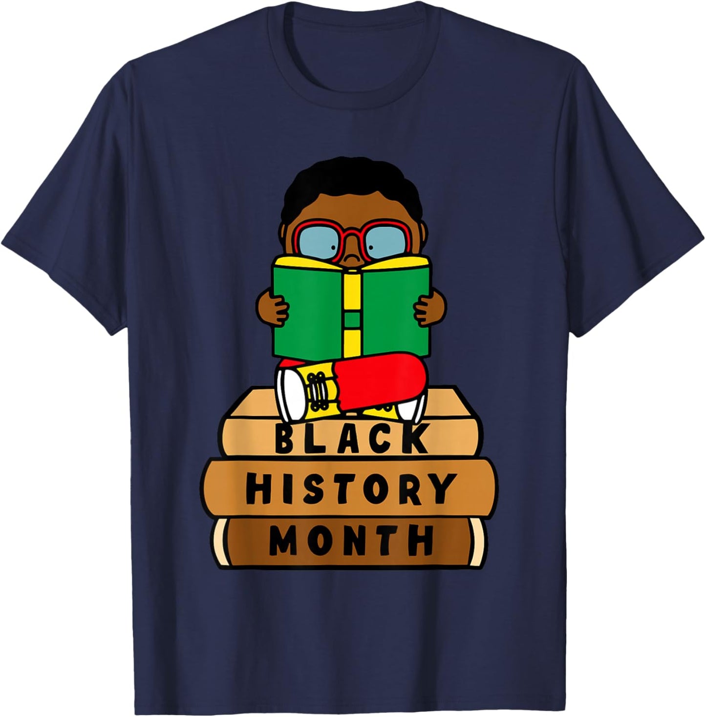 Black Boy Kid Reading Book Black History Month Bookworm T-Shirt - T-Shirt | Navy