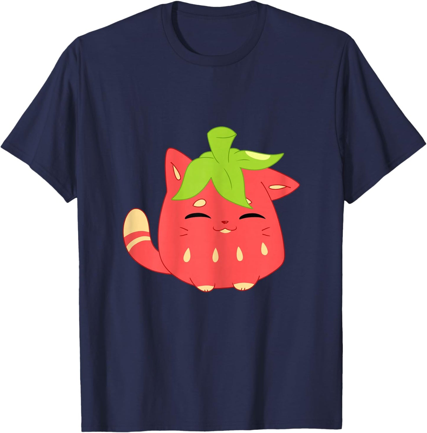 Cute Funny Sweet Cartoon Strawberry Shaped Smiling Cat T-Shirt - T-Shirt | Navy