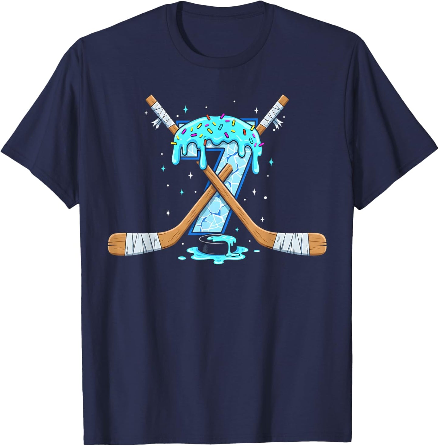 7 Year Old Hockey Ice Cream Drip Youth 7th Birthday Boys T-Shirt - T-Shirt | Navy