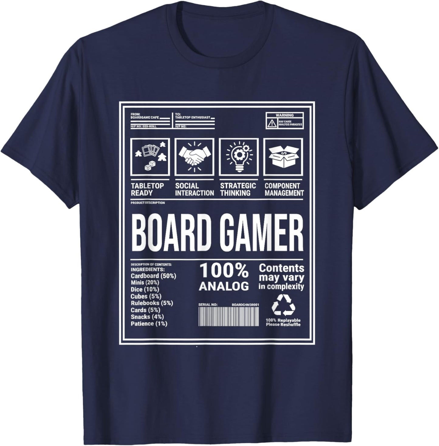 Funny Board Gamer Ingredients Nutritional Game Facts List T-Shirt - T-Shirt | Navy