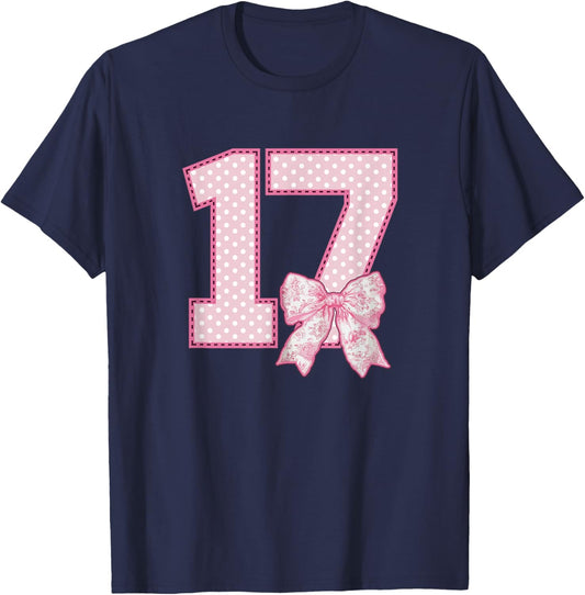 17th Birthday Shirt Girls Coquette Bow 17 Year Old Birthday T-Shirt - T-Shirt | Navy