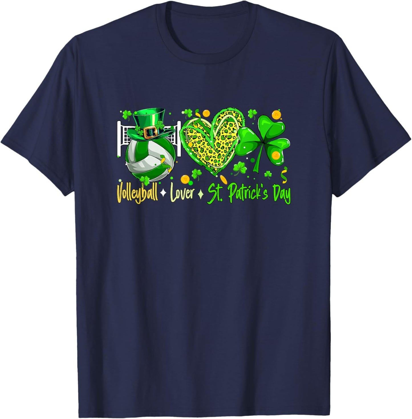 Volleyball Lover St. Patrick's Day Player Team Leopard Heart T-Shirt - T-Shirt | Navy