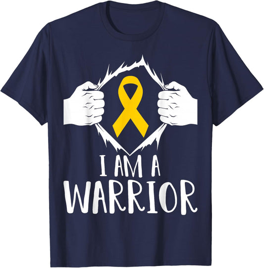 I Am A Warrior Childhood Cancer Survivor Gold Ribbon T-Shirt - T-Shirt | Navy