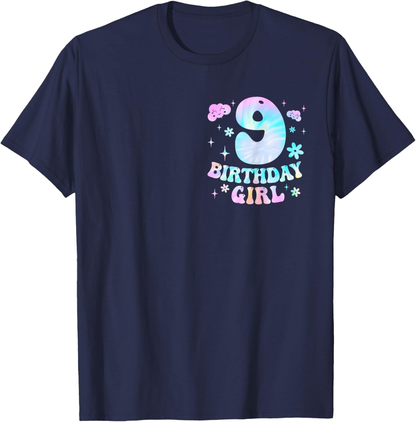 Kids 9th Birthday Girl 9 Year Old On Cloud Nine Bday 2 Sided T-Shirt - T-Shirt | Navy